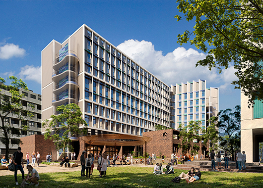Artist impression of the University Newcastle proposed city campus student accommodation and future domain space from south east PHOTO CREDIT ARCHITECTUS