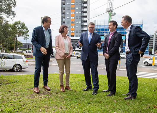 Dantia CEO Tim Browne Mayor Kay Fraser Shortland MP Pat Conroy Cr Adam Shultz and Director Development Planning and RegulationDavid Antcliff