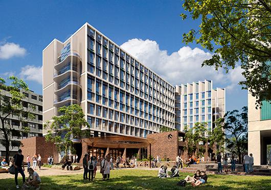 Artist impression of the University Newcastle proposed city campus student accommodation and future domain space from south east PHOTO CREDIT ARCHITECTUS
