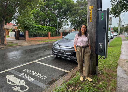Singleton Councils Coordinator Sustainable Services Chiala Hernandez Silva at the new EV charger at York Street.